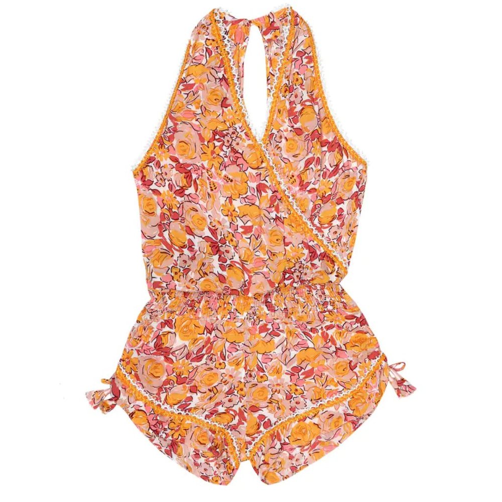 Poupette St. Barth Floral Romper - Orange and Pink
